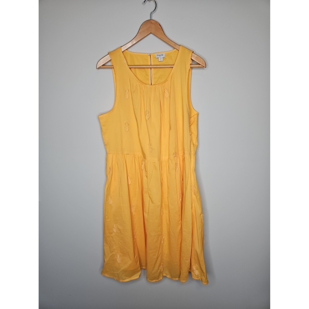 J.Crew Dress 16 Yellow Gold Embroidered Pineapple Cotton Preppy Resort Tropical